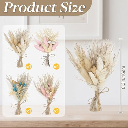 RAINFLOW 4 Pack Mini Dried Flower Bouquets - Natural Boho Floral Decor
