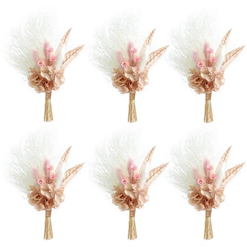 Miniature Dried Flower Bouquet (Pack of 6), Small Dried Pampas Grass, Small Dried Flowers for Crafts, Birthday Cake Bridesmaid Gift Box, Card Envelope Decoration. (Dusty Pink) - color: Dusty Pink