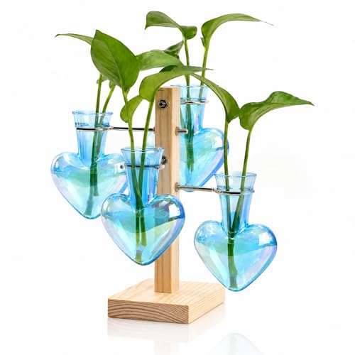 Plant Terrarium Propagation Stations: Blue Vase with Wooden Stand | 4 Irised Crystal Glass, Heart Shaped, Home Table Decor, Birthday Gifts for Plant Lovers Women Mom Wife - color: Blue