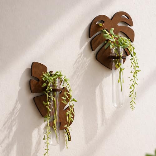 Artilady Plant Propagation Station Wall Hanging, Planter Terrariums Tube | Boho Wood Air Plant Holder for Indoor Plants, Window Propagation Stations Vases for Living Room Bedroom Wall Decor, 2 Pack - color: Leaves