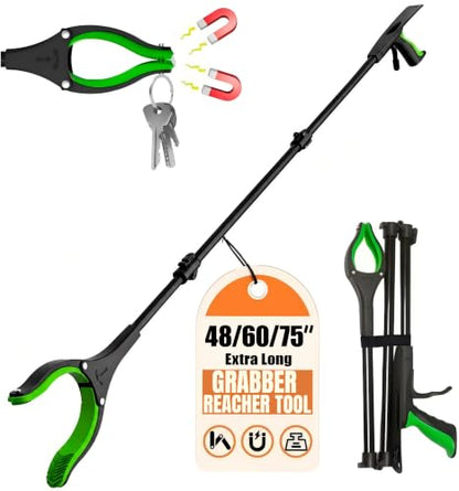 Extra Long Grabber Reacher Tool, 60" Aluminum Foldable Reacher Grabber, Dual Magnetic Tip Pickup Grabber Trash Picker, Strong Grip Aid for Upper Shelves, Elderly, Surgery Recovery Must Have - color: 60"greenblack
