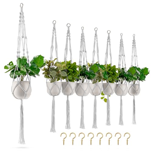 Sorbus Macrame Plant Hanger (8 Pack) Indoor Outdoor Hanging Plant Pots Cotton Rope, Elegant for Home, Patio, Garden (White) - color: White, size: 8 Pack