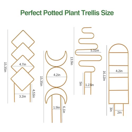Wellsign 16inch Indoor Plant Trellis for Potted Plants | 4Pack Gold Small Trellis for Climbing Plants Outdoor Garden Metal Trellis with Different Patterns for Vine Ivy Flower Plant - size: Gold-Metal-Trellis01