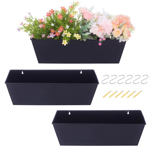 Wall Hanging Planters for Outdoor Plants 16 Inch Large Metal Fence Pots with Hooks for Outside Garden Balcony Plants 3PCS（Black）