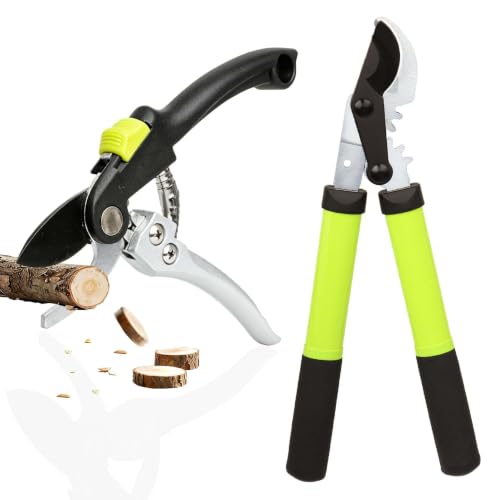 YRTSH Garden Shears Set, 2-Piece Pruning Loppers & Pruners with Gear System | Bypass Loppers for Tree Trimming, 1.3" Cut Capacity Tree Clippers Garden Tools for Rose Bushes, Shrubs and Branches