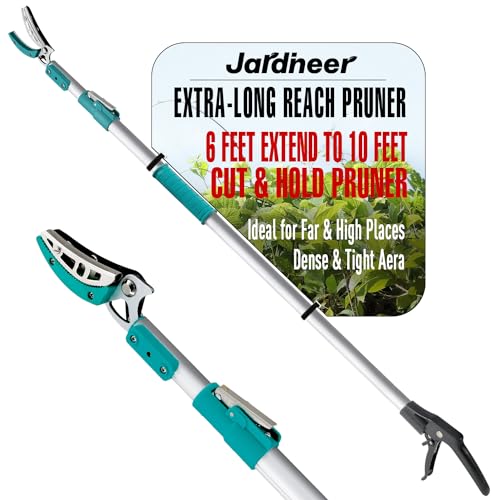 JARDINEER Lightweight Tree Pruner Extendable, 6-10ft Tree Trimmers Long Handle Pruner, Ergonomic Grip Long Reach Cut & Hold Pole Pruner and Stable Fruit Picker Pole