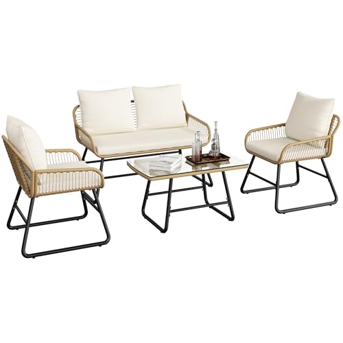 Yaheetech 4 Piece Patio Furniture Set, Wicker Conversation Sets, Tan/Cream | Outdoor Boho Loveseat & 2 Armchairs with Cushion and Pillow, Glass Top Table for Backyard, Porch, Balcony, Deck - color: Tan/Cream, size: 4 PCS