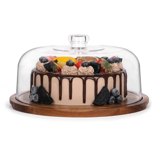 Bellsal Cake Stand with Clear Acrylic Dome Lid, 12in Acacia Wood Cake Holder with Lid, Cake Plate with Lid for Baking Gifts, Cake Display Server Tray for Birthday Party Weddings, Women Gift - size: Flat