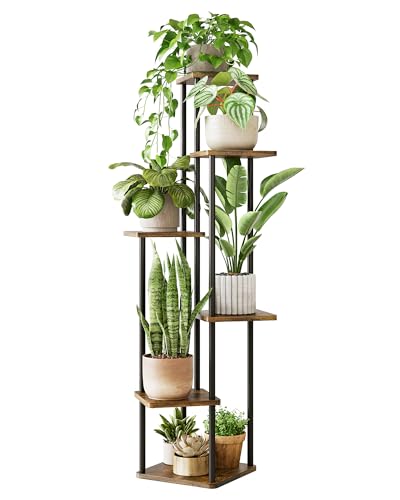 GENTINGBRO Corner Plant Stand Indoor Tiered Tall Plant Shelf | 6 Tier Flower Stand Wood Metal Plant Holder for Living Room Bedroom Balcony Patio Brown - color: Brown Oak Base, size: 6 Tier