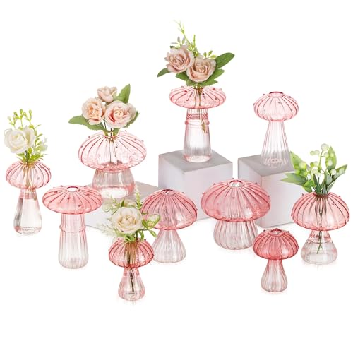 Glasseam Mushroom Vases for Flowers, 10 Pcs Pink Glass Bud Vase for Decor - color: Pink