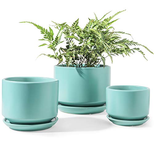 LE TAUCI Ceramic Plant Pots, 4.3+5.3+6.8 inch, Set of 3, Planters with Drainage Hole and Saucer, Indoor Flower Pot with Hole Mesh Pad, Gifts for Mom, Aqua - color: Aqua