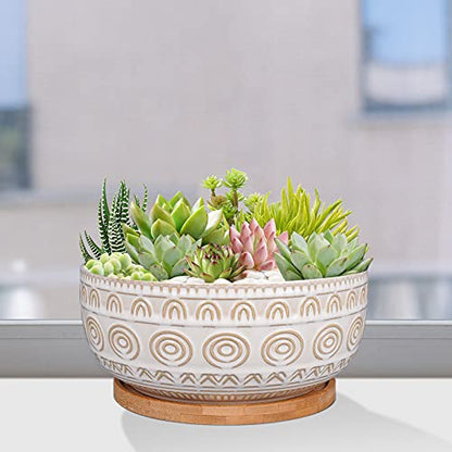 Eightpot 8 Inch Ceramic Succulent Planter Pot with Drainage Hole and Saucer Round Shallow Planter for Indoor Plants, White - color: White