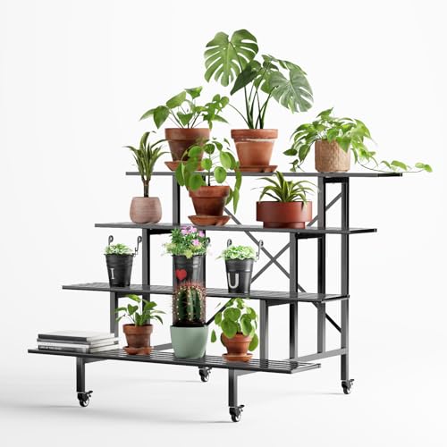 Zhongma 4 Tier Heavy Duty Metal Plant Stand with wheel for Indoor & Outdoor - size: 4-Tier: L45.67 x W34.65 x H35.83 w Wheels