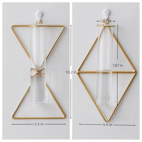 yaooral 2 Pack Luxury Nordic Hanging Wall Mounted Gold Flower Vase | Metal Frame Glass Tube/Minimalist/Cute Exquisit Pretty/Geometric Hydroponic Bud Vase Decor for Wall Home Wedding Farmhouse - style: triangle rhombus