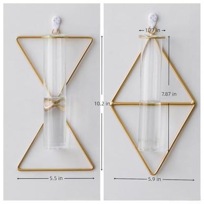 yaooral 2 Pack Luxury Nordic Hanging Wall Mounted Gold Flower Vase | Metal Frame Glass Tube/Minimalist/Cute Exquisit Pretty/Geometric Hydroponic Bud Vase Decor for Wall Home Wedding Farmhouse - style: triangle rhombus