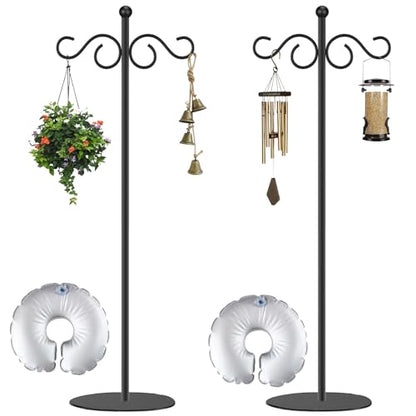 2 Set Shepherd's Hook Stand plant，Bird Feeder，Wind Chime Hanger Stand, Waterproof Metal & Adjustable-Height Standing Pole Holder for Lantern and Wreath, Indoor & Outdoor - color: black