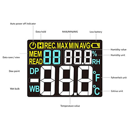 Protmex PT618 Temperature Humidity Meter - Wet Bulb for Indoor/Outdoor | Thermometer Hygrometer Monitor with Ambient, Dew Point, MIN, MAX, Data Hold, LCD Backlight - size: PT618