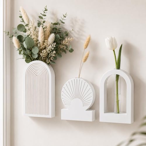 TBWIND White Wooden Wall Vases for Flowers Set of 3, Propagation Planter with 2 Glass Tubes, Modern Farmhouse Hanging Wood Decor for Living Room, Entryway - color: White