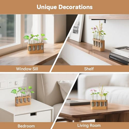 Plant Propagation Station with Wooden Stand, Gardening Gifts for Mom Women Plant Lovers, 9-Level Dimmable LED Light 4 Glass Test Tubes Vases for Hydroponic Plants - Desktop Terrarium for Desk Decor - size: With Light