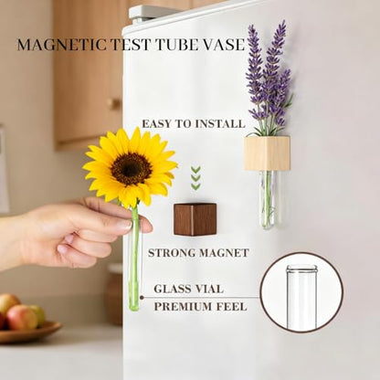 Magnetic Flower Vase 2 Pcs, Wooden Test Tube Propagation Magnet | Magnetic Single Flower Vase, Propagation Magnet, Wooden Fridge Planter, Space-Saving, Glass Tube