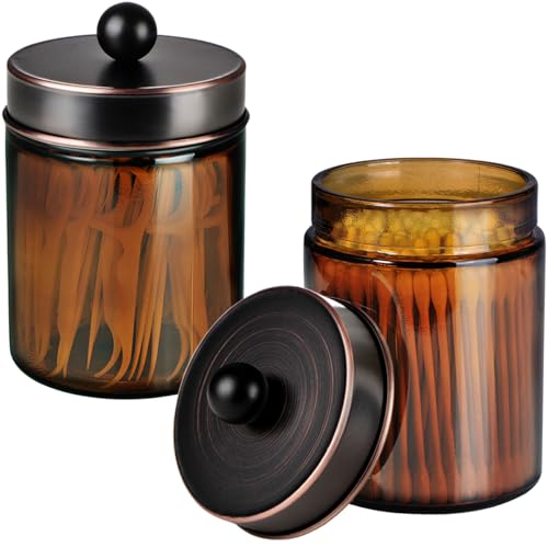 Amolliar Amber Glass Apothecary Jars Qtip Holder w/Metal Lids,ORB 2pc | for Bathroom Vanity Storage, Countertop, Farmhouse Style, Holds Cotton Swabs, Dental Floss, Makeup Sponges - color: ORB, size: 2 Pack