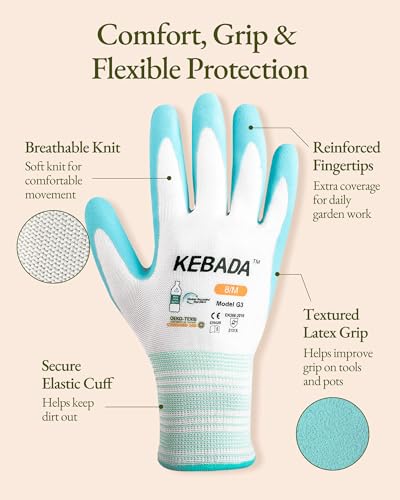 Kebada Gardening Gloves for Women, MicroFoam Latex Coated, Gifts, 6 Pairs | Aqua & Red, Breathable Polyester Liner, Flexible Fit, Washable, Secure Grip, Recycled PET, Women's Garden Gloves - color: Rose Pink & Aqua Blue 6 Pairs, size: Medium ( 6 Pairs )