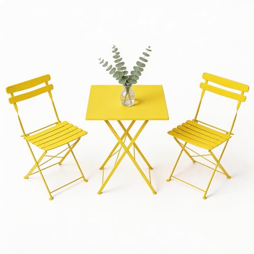 GarveeHome 3 Piece Foldable Patio Bistro Set, Outdoor/Indoor Metal Table and Chairs Furniture, Compact Square Table with 2 Folding Chairs for Balcony, Porch, Garden, Apartment, Small Space, Yellow - color: Yellow, size: 3-Piece (Square Table)