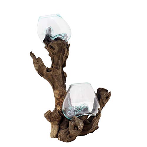Molten Glass Double Terrarium | 15" Tall Teak Wood with (2) 10cm Recycled Glass Vessel