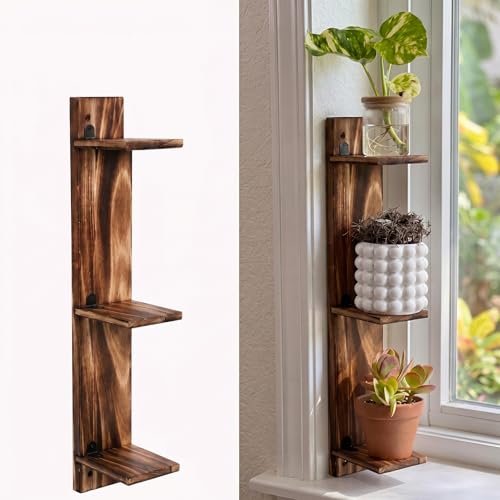 Pinkunn 3 Tier Wood Window Sill Plant Shelf 23.5" x 3.54" Retro Windowsill Extender Wall Mount Decorative Hanging Plant Stand for Small Space Bedroom Home Living Room Kitchen