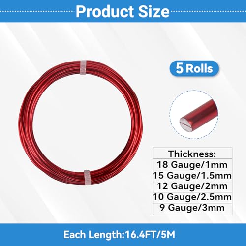 5 Rolls Aluminum Craft Wire Kit with Side Cutter Pliers, Multi-Size [18/15/12/10/9] Gauge, Flexible Metal Wire Set for Jewelry Making, Bonsai and Sculpting (82 Ft Total, 16.4 Ft/Roll, Red) - size: 5 Gauges Set 16.4Ft Each, style: Red
