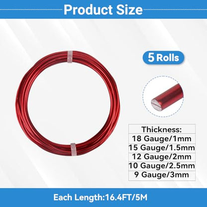 5 Rolls Aluminum Craft Wire Kit with Side Cutter Pliers, Multi-Size [18/15/12/10/9] Gauge, Flexible Metal Wire Set for Jewelry Making, Bonsai and Sculpting (82 Ft Total, 16.4 Ft/Roll, Red) - size: 5 Gauges Set 16.4Ft Each, style: Red
