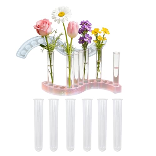 Round Vase Resin Mold Silicone for Plant Propagation Station with 6 Acrylic Test Tubes, Epoxy Resin Casting Mold for Hydroponic Flowers, Home Office Decor, DIY Craft Gift (A) - color: A