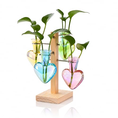 Plant Terrarium Propagation Stations: Colored Vase with Wooden Stand | 4 Irised Crystal Glass, Heart Shaped, Home Table Decor, Birthday Gifts for Plant Lovers Women Mom Wife - color: Colored