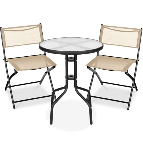 Best Choice Products 3-Piece Patio Bistro Dining Furniture Set w/Textured Glass Tabletop, 2 Steel Folding Chairs, Polyester Fabric - Beige - color: Beige