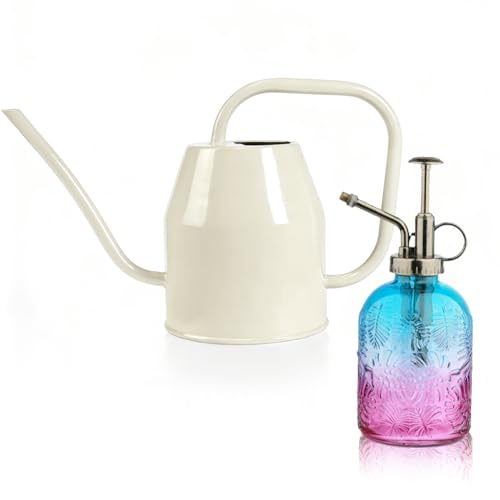 35 oz/1000 ml Metal Indoor Small Watering Can with Long Spout for House Plants Decorative, 12 oz/360 ml Glass Plant Mister Spray Bottle for Bonsai Garden Flowers - color: White