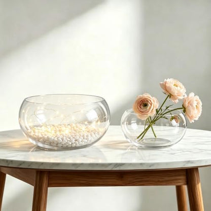 8" Round Glass Lotus Bowl Planter with Rattan Mat, Clear Indoor Hydroponic Water Lily Pot for Aquatic Plants, Bonsai & Lotus Flowers, Decorative Terrarium Bowl Vase, Fish Tank - size: 8 Inch
