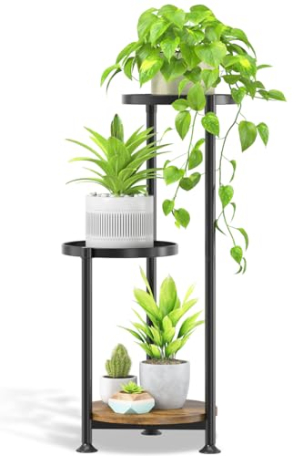 Oppro 3 Tier Plant Stand Indoor Outdoor, 10in Wide Metal Flower Shelf - color: Solid Black, size: 3 Tier Larger Round