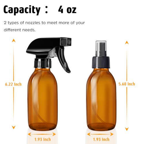 Tecohouse Small Glass Spray Bottles 4 OZ, 2 Pack Amber Glass Spray Bottles | Empty Spray Bottles for cleaning, Plants, Pets, Hair, Durable Spray Nozzle, Fine Mist, Labels, Funnel, Pipettes, Reusable - color: Amber