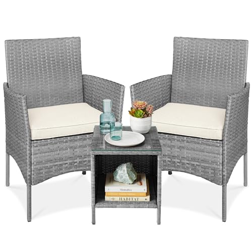 Best Choice Products 3-Piece Outdoor Wicker Conversation Bistro Set, Space Saving Patio Furniture for Garden w/Side Table - Gray/Cream - color: Gray/Cream