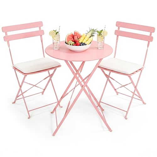 3-Piece Patio Bistro Set Outdoor Furniture Set Folding Bistro Table and Chairs with Premium Steel Frame Weather Resistant Conversation Set for Bistro Balcony Porch Yard Garden(pink with cushion) - color: Pink With Cushion