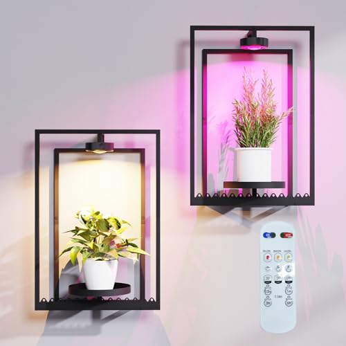 Shineled Wall Plant Holder, Indoor Plants Holders with Remote Grow Lights, Plant Shelves Hanging Planters, Framed Plants Holder for Living Room, 2 Pack - color: Black With Light