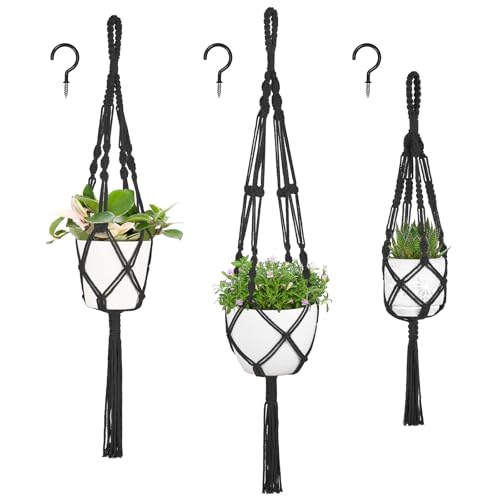 Mkono 3 Pack Macrame Plant Hanger, Hanging Planters for Indoor Plants Black | 3 Sizes (41"/34"/26") Handmade Cotton Basket with Hooks, Boho Home Decor for Patio Balcony Living Room, Fits 5-10 Inch Pots - color: Black