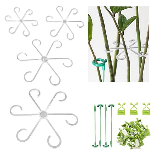 12 Pcs Transparent Plant Stem Supports with 30 Clips and 4 Stakes | Reusable, invisible plastic stem support holders, for monstera vertical growth