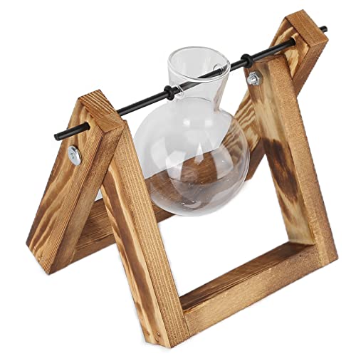 Bulb Glass Vase with Wooden Stand, Retro Desktop Planter for Home Decoration, Terrarium Holder with Transparent Container, Ideal for Living Room, Bedroom, Kitchen (Retro Rack + Single Bottle) - size: Retro rack + single bottle