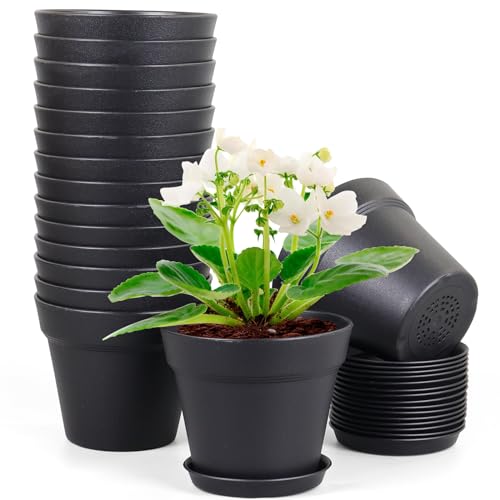 Meowell 6 inch Nursery Pots, 16 Pack Plastic Plant Pots for Indoor Outdoor Plants, Flower Pots with Drainage Holes and Saucers, Decorative Seedling Starter Planters for House Plants, Black - color: Black, size: 6inch 16pcs