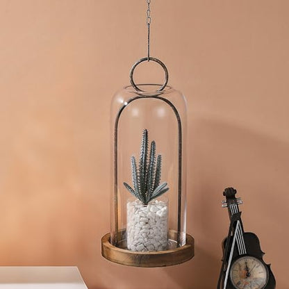 16" High Versatile Rustic Brown Metal Candle Holder with Handmade Sturdy Glass Dome And Shabb Brown Wooden Base for Pillar Candle & Plants, Industrial, Farmhouse, Shabby Chic, Display Cloche Bell Jars - color: Brown, size: 7"x16"