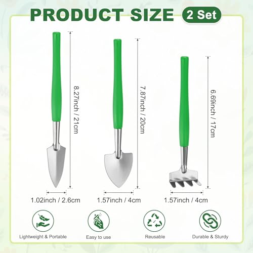 M METERXITY 2-Set Mini Gardening Tools, Stainless Steel Miniature Gardening Rake, Trowel, and Shovel for Seedlings/Bonsai/Succulents/Herbs/Terrariums and Planting [Green] - color: Green