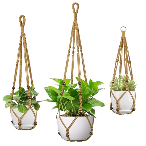 USLAI Macrame Plant Hanger, Fits 4 to 15 Inch Pots, 23+29+35 Inch, Brown | Strong Hanging Plant Holder for Indoor Outdoor, Boho Home Decor (Pots Not Included) - color: Brown, size: 35+29+23 Inch