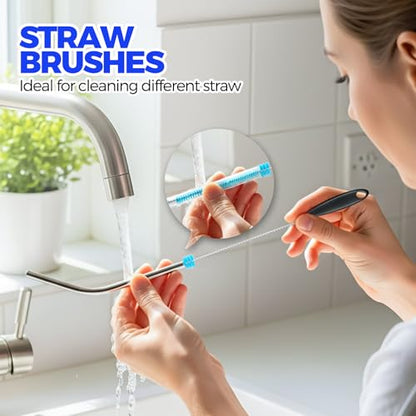 Holikme 4 Pack Bottle Brush 14.5" Long Handle Stainless Steel Brush,Blue | Long-Handled 4-in-1 Stainless Steel Bottle Brushes for Water Bottle, Cups, Straw Cleaner Brush - color: Blue
