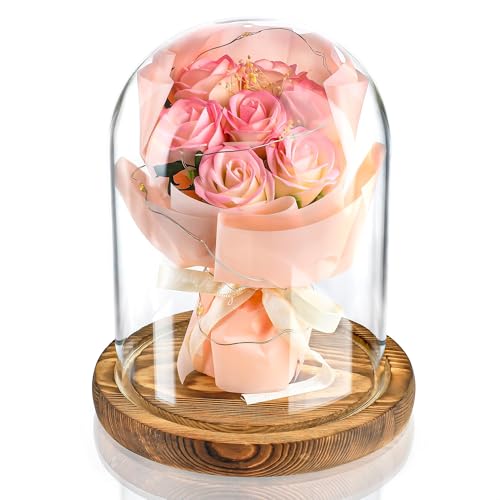 Glass Cloche with Wooden Base, 6.9" Glass Dome Display for Collectibles